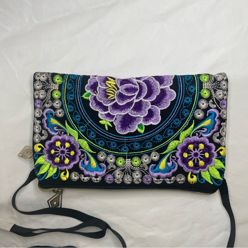 Embroidered Floral Purse - Purple and Green